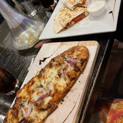 Mona Lounge & Cigar Bar - BBQ Chicken Flat Bread (Left)  Chicken Quesadilla (Right)