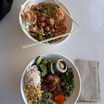 Just Poké Barkley Village - Top bowl: Heat Wave     Bottom bowl: Rainbow Roll - Hawaiian Near Me - Bellingham, Washington
