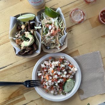 Karina's Ceviches & More - Horchata + grilled octopus taco + fried fish taco (baja?) + forgotten name of ceviche - Mexican Near Me - San Diego, California