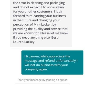 Mint Locker - Message from Lauren L who refunded my payment after c sending me this lovely message. - Laundry Services Near Me - Henderson, Nevada