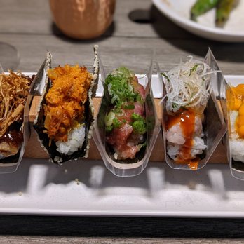Nami Nori - Create your own (L-R), eggplant, spicy crab, toro and scallions, seabass, uni - Sushi Bars Near Me - Brooklyn, New York