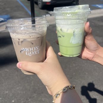 MoonGoat Coffee Roasters - One drink is a toasted matcha latte and another is a drink item of a matcha latte with salted cream foam. - Coffee Roasteries Near Me - Costa Mesa, California MoonGoat Coffee Roasters - One drink is a toasted matcha latte and another is a drink item of a matcha latte with salted cream foam. - Coffee Roasteries Near Me - Costa Mesa, California