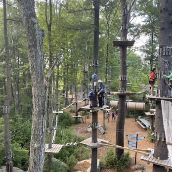 TreeTop Adventures - Participants are on ropes courses and zip lines among tall trees at an aerial adventure park in a forested area. - Challenge Courses Near Me - Canton, Massachusetts
