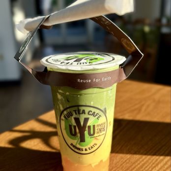 Yuu Tea Cafe - Golden Matcha with mango jelly and matcha - Bubble Tea Near Me - Seattle, Washington Yuu Tea Cafe - Golden Matcha with mango jelly and matcha - Bubble Tea Near Me - Seattle, Washington
