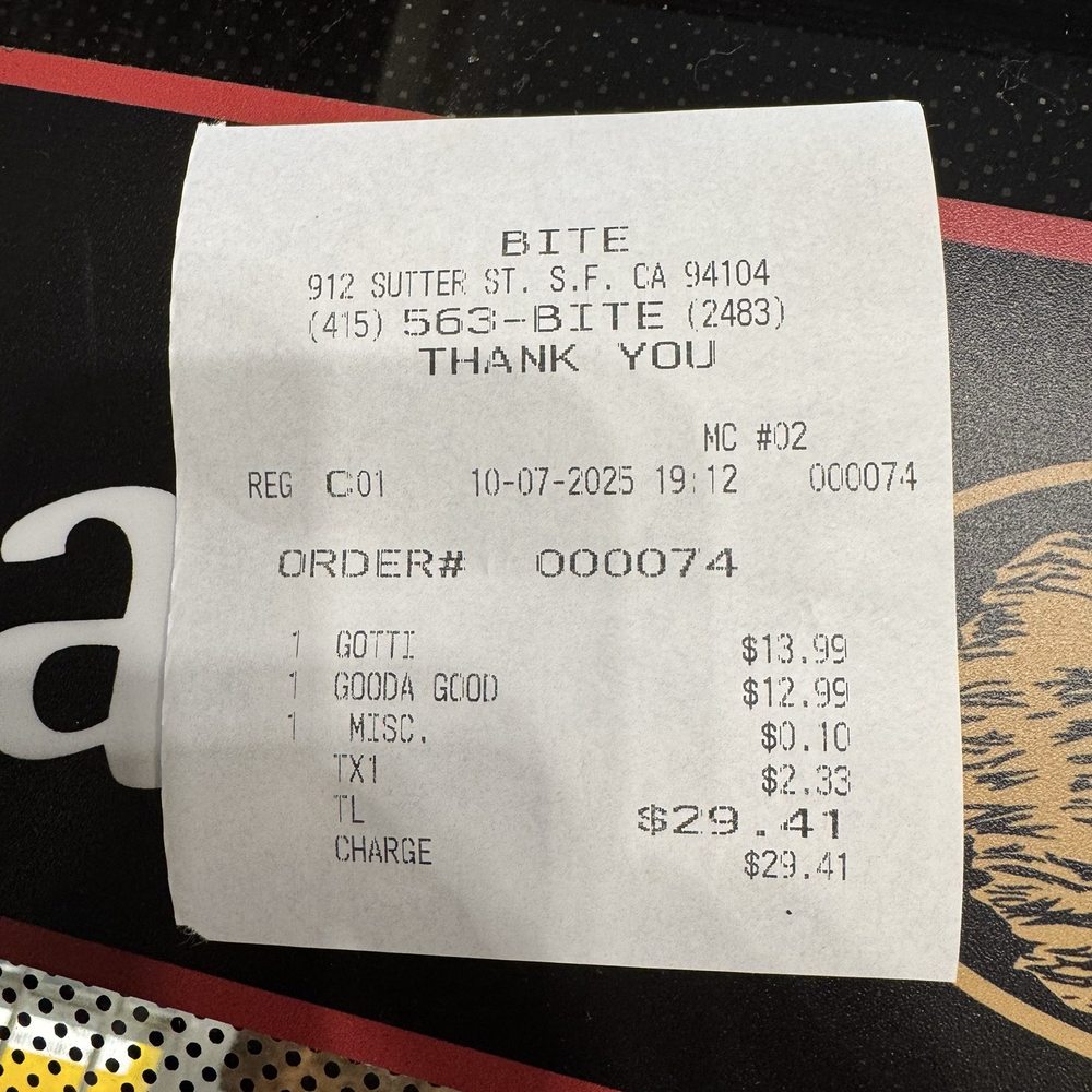 Bite - Receipt - Delis Near Me - San Francisco, California Bite - Receipt - Delis Near Me - San Francisco, California