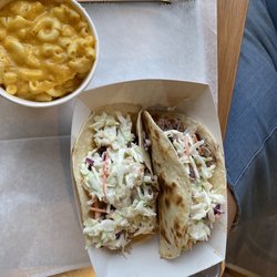 Pulled pork tacos, mac & cheese