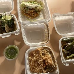 Los Portales Restaurant - Bisteck Soft Taco, rice and beans, chicken Tinga Tostada, breaded beef tacos