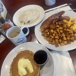 Truckers breakfast and a side of pancakes. Truckers breakfast and a side of pancakes.