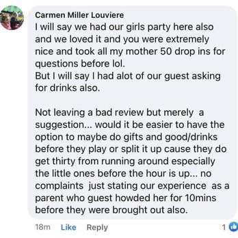 Kids World - A lady commenting under the owner's Facebook post saying she had the same problem, thirsty kids during a birthday party. - Kids Activities Near Me - Lafayette, Louisiana Kids World - A lady commenting under the owner's Facebook post saying she had the same problem, thirsty kids during a birthday party. - Kids Activities Near Me - Lafayette, Louisiana