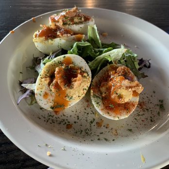 Nouveau - Deviled Eggs (the fried chicken skin topping is genius) - Bars Near Me - Jonesboro, Georgia Nouveau - Deviled Eggs (the fried chicken skin topping is genius) - Bars Near Me - Jonesboro, Georgia