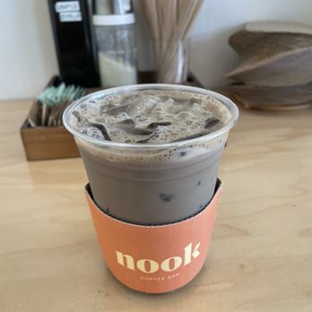 Nook Coffee Bar - Iced hojicha latte with less sugar -- rich roasted flavor - Coffee & Tea Near Me - Torrance, California