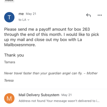 LA Mailboxes N More - Received no response to email to pay. No auto pay or online payment available. - Shipping Centers Near Me - Los Angeles, California