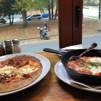 Mioposto - Breakfast pizza on left/ Shakshuka on right - Italian Near Me - Seattle, Washington