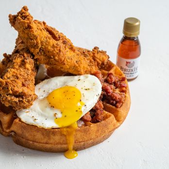 Bruxie - Chicken and Waffle in full form with the addition of an egg and bacon - Breakfast & Brunch Near Me - Brea, California Bruxie - Chicken and Waffle in full form with the addition of an egg and bacon - Breakfast & Brunch Near Me - Brea, California