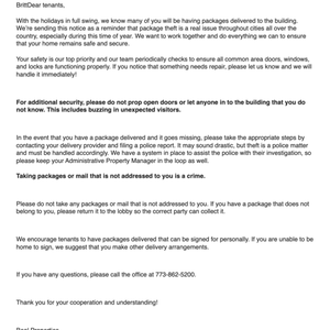 Photo of Beal Properties - Chicago, IL, United States. Mgmt response to package thefts