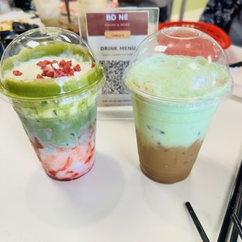 Bo Ne House & More - Salted foam strawberrry Matcha and a Pandan coffee matcha - Vietnamese Near Me - Seattle, Washington Bo Ne House & More - Salted foam strawberrry Matcha and a Pandan coffee matcha - Vietnamese Near Me - Seattle, Washington