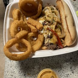 Junkyard John sandwich with onion rings