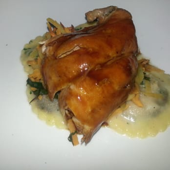 Canoe - Slow Roasted Carolina Rabbit, Swiss Chard - Bacon Ravioli, Sweet Potato, Candied Garlic Sauce - New American Near Me - Atlanta, Georgia