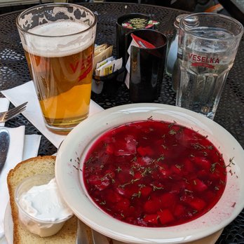 Veselka - Vegetarian borscht as served, with sour cream and bread. - Ukrainian Near Me - New York, New York Veselka - Vegetarian borscht as served, with sour cream and bread. - Ukrainian Near Me - New York, New York