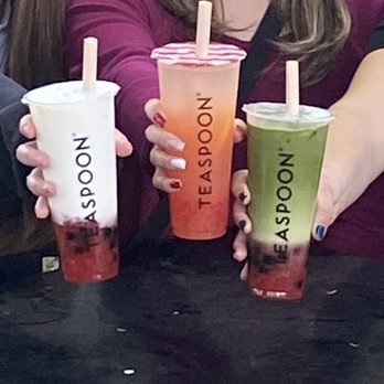 Teaspoon - Silky strawberry (left), guava sunset (middle), matcha royale strawberry (right) with honey boba! - Bubble Tea Near Me - Las Vegas, Nevada Teaspoon - Silky strawberry (left), guava sunset (middle), matcha royale strawberry (right) with honey boba! - Bubble Tea Near Me - Las Vegas, Nevada