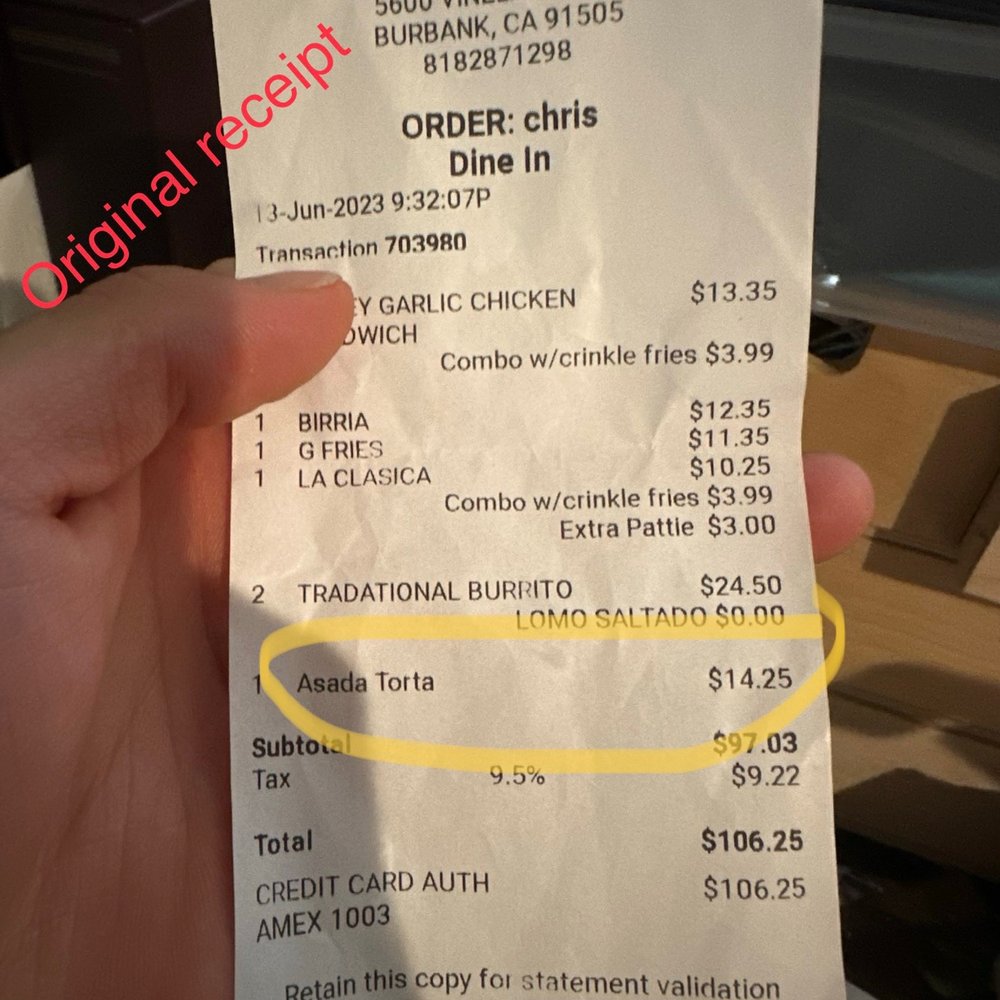 Hamburguetza - Original receipt I got when I paid for the food - Burgers Near Me - North Hollywood, California