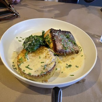 Cook & Dagger - Crispy Salmon with Capellini Cake - New American Near Me - North Providence, Rhode Island Cook & Dagger - Crispy Salmon with Capellini Cake - New American Near Me - North Providence, Rhode Island