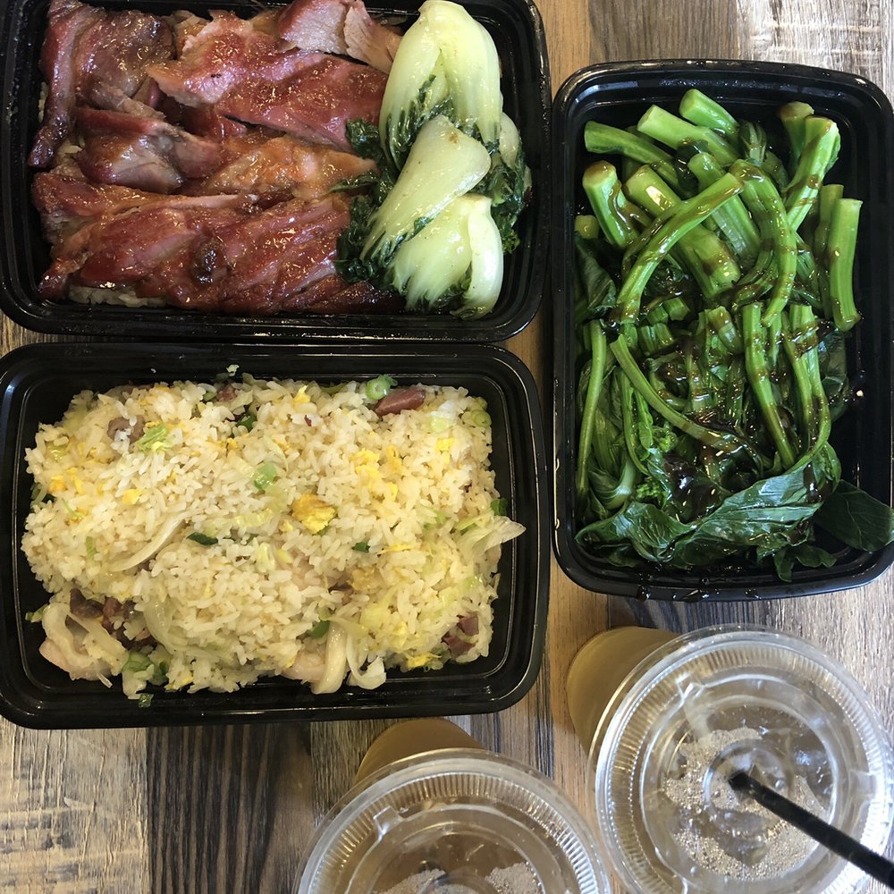 Tasty Box - Char siu, yang chow fried rice, veg of the day -Chinese broccoli) chrysanthemum tea. - Cantonese Near Me - Diamond Bar, California