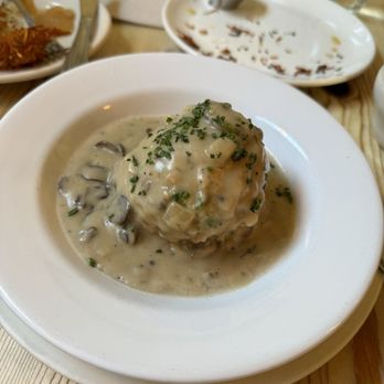 Suppenküche - Bread Dumpling with Mushroom Sauce (v) - German Near Me - San Francisco, California Suppenküche - Bread Dumpling with Mushroom Sauce (v) - German Near Me - San Francisco, California