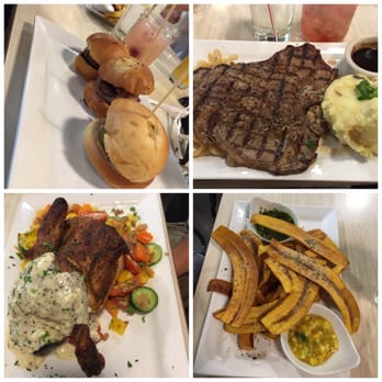 MKT Bar - TL: bayou city sliders, TR: grilled beef t-bone w/ steak sauce , BL: chicken fattoush, BR: plantain chips w/ mango salsa and chimichurri - New American Near Me - Houston, Texas