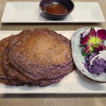 Merienda Cafe - Ube pancakes with the butter to match! - Filipino Near Me - Grayslake, Illinois Merienda Cafe - Ube pancakes with the butter to match! - Filipino Near Me - Grayslake, Illinois