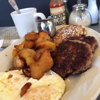 Plow - The best breakfast ever: The Plow: Lemon Ricotta Pancakes, Eggs, Homemade Sausage, Rosemary Fried Potatoes w/ Youke's hot sauce - Breakfast & Brunch Near Me - San Francisco, California