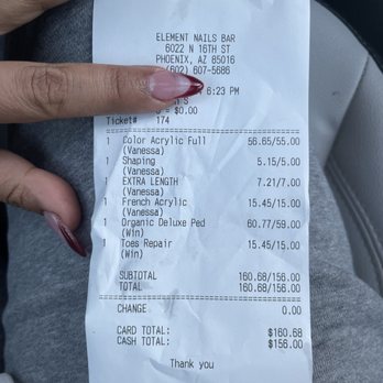Element Nail Bar - Receipt - Nail Salons Near Me - Phoenix, Arizona Element Nail Bar - Receipt - Nail Salons Near Me - Phoenix, Arizona