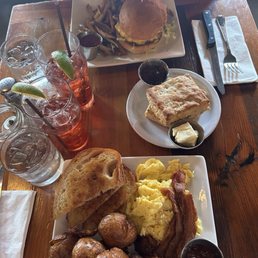 Amazing food and large portions! We got two cranberry juices, eggs+bacon+potatoes, the tabor burger, and a side biscuit! Amazing food and large portions! We got two cranberry juices, eggs+bacon+potatoes, the tabor burger, and a side biscuit!