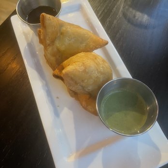 Pappe - Vegetable Samosas with Mint-Cilantro Chuntey (very spicy and tangy) and Tamarind Chutney (sweet) - Indian Near Me - Washington, DC, District of Columbia