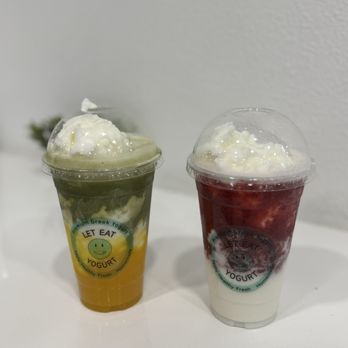 Let Eat Yogurt - left: Mango Matcha Blend ($6.95) right: Strawberry Blended ($6.95) - Desserts Near Me - Buena Park, California Let Eat Yogurt - left: Mango Matcha Blend ($6.95) right: Strawberry Blended ($6.95) - Desserts Near Me - Buena Park, California