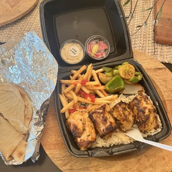 Lily’s Kitchen - This is the Chicken Kebab plate, my sides of choice were french fries and grilled Veggies. - Caterers Near Me - Fresno, California Lily’s Kitchen - This is the Chicken Kebab plate, my sides of choice were french fries and grilled Veggies. - Caterers Near Me - Fresno, California