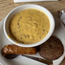 Aunt Ginny's Cafe - Bowl of Bacon Cheeseburger soup, 1 sausage patty, and 1 sausage link