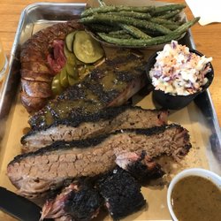 Bar-Q - Brisket, ribs and sausage with sides of slaw and green beans.