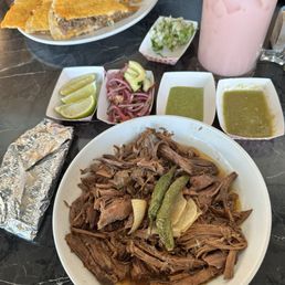 Birria Stew w/ Agua Fresca Fresa and birria quesadilla Birria Stew w/ Agua Fresca Fresa and birria quesadilla