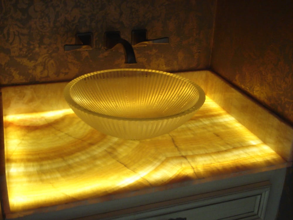 1 2 Bath Remodel With Onyx Countertop With Led Lighting Under