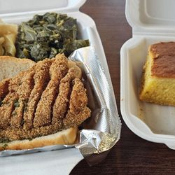 Sweet Bella Soul Food - Fried catfish, cornbread,  cabbage and greens.