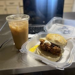 Roasted Coffee Bar - Banana and Vanilla cold brew with Chicken or The Egg biscuit sandwich