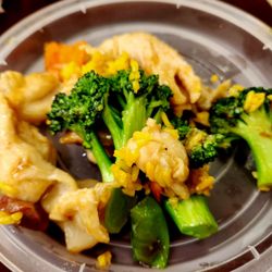Bamboo Garden - Chicken and Chinese vegetables. We dined in and were served with plastic containers and plastic silverware