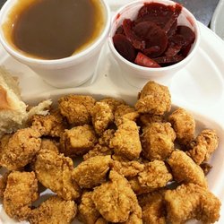 Hen House Bar-B-Q - Chicken nuggets, beets with onions, and mashed potatoes with gravy.