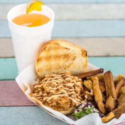 Odell's Barbecue Luau - BBQ Chicken Sandwich with a side of Slaw and Fries served with our Signature Lemonade. Now available for only $10 during our lunch special.