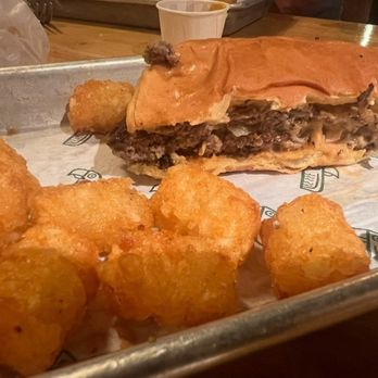 Green Cheek Beer Co. - Smash burger (split) and the TOTS!!! Yum - Breweries Near Me - Sunset Beach, California Green Cheek Beer Co. - Smash burger (split) and the TOTS!!! Yum - Breweries Near Me - Sunset Beach, California