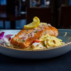 Slanted Tree Kitchen & Taproom - Salmon Pappardelle Pasta - Pasta blended with roasted pancetta, English peas, cherry tomatoes, herbs and parmesan cream sauce.