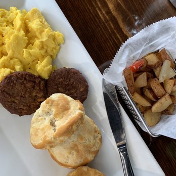 Untoasted - Scrambled eggs, vegan sausage, Home potatoes and biscuits. - Breakfast & Brunch Near Me - Hallandale Beach, Florida Untoasted - Scrambled eggs, vegan sausage, Home potatoes and biscuits. - Breakfast & Brunch Near Me - Hallandale Beach, Florida