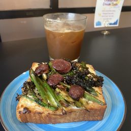 Savory toast with iced coffee