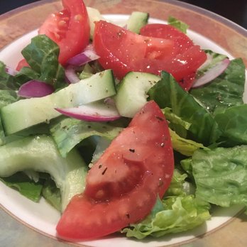 Cafe Medi - Bright, colorful, salad w/ fresh cut tomatoes, crisp lettuce, cucumbers, and red onions very nice dressing! - Mediterranean Near Me - Keller, Texas